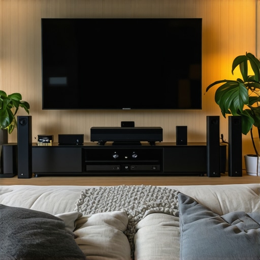 A stylish home theater with a large 4K TV, surround sound speakers, and dimmed lighting.