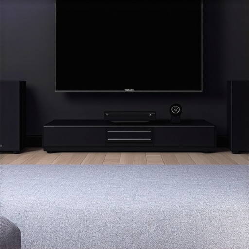 Perfect Home Theater Arrangement A well-organized home theater with speakers, TV at eye level, and soft lighting for optimal viewing comfort.