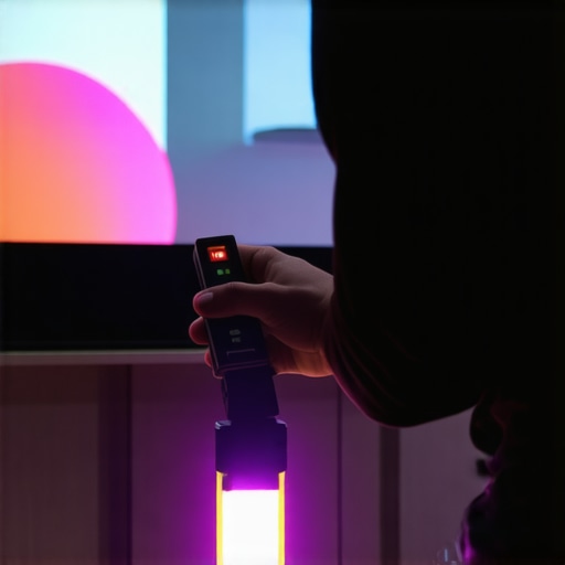 Precision Calibration of a Home Theater Projector A technician using a colorimeter and laser level to calibrate a projector in a home theater setup.