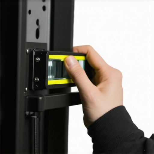 Person measuring level on wall-mounted TV bracket during setup.