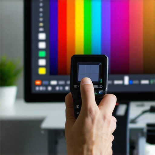 Professional monitor calibration in action Person adjusting monitor colors using calibration hardware