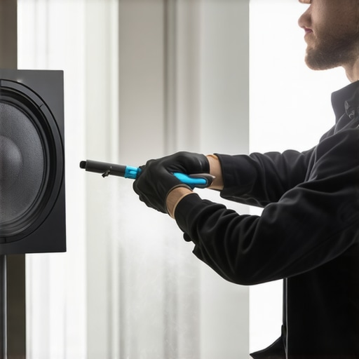 A person cleaning home cinema equipment with microfiber cloth and compressed air