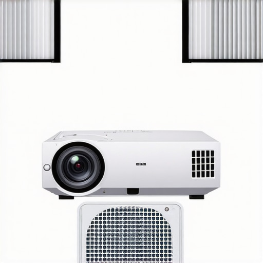 Proper Projector Ventilation Setup Projector placed in a well-ventilated area with visible clean air filters and an active cooling fan.
