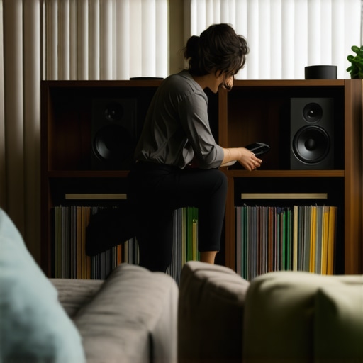 Person positioning bookshelf speakers at ear level in living room