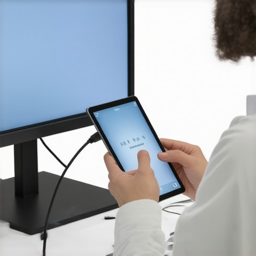 Person connecting a tablet to a desktop computer to create a dual monitor setup