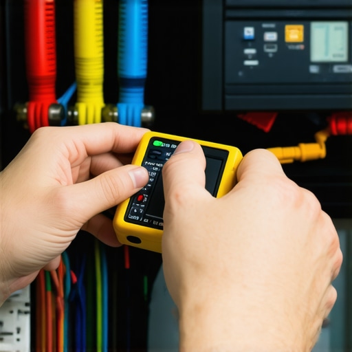 A professional measuring voltage on a home theater power supply using a multimeter