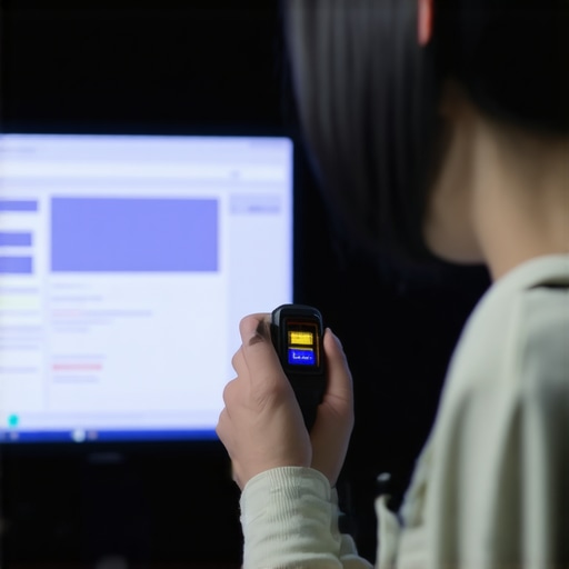 Using a colorimeter for monitor calibration Person calibrating monitor with a colorimeter in dark room.