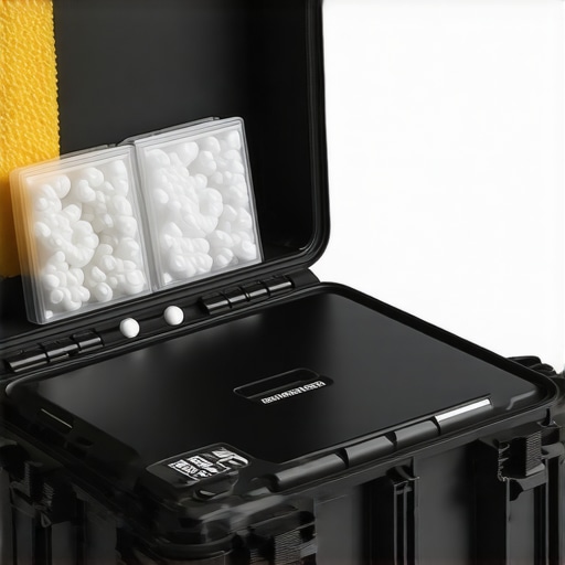 A sturdy, sealed case containing a portable projector, silica gel packs, and insulated padding for winter storage.