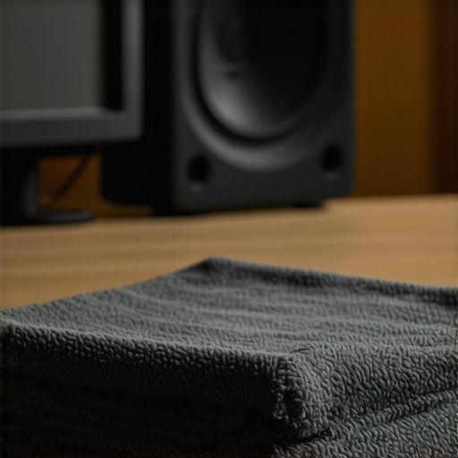 Acoustic Towel Placement Technique A thick folded towel placed on a desk in front of a speaker to reduce audio reflections.