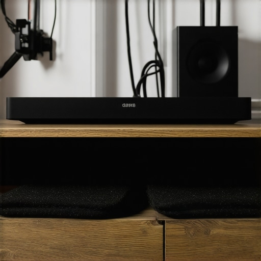 Black foam isolation pads under a soundbar to prevent cabinet vibration