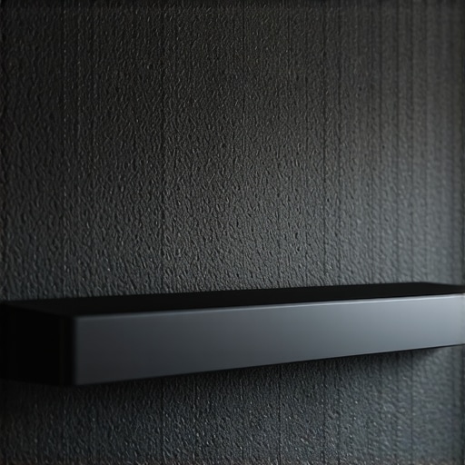 A sleek black soundbar mounted on a wall with acoustic dampening elements nearby.