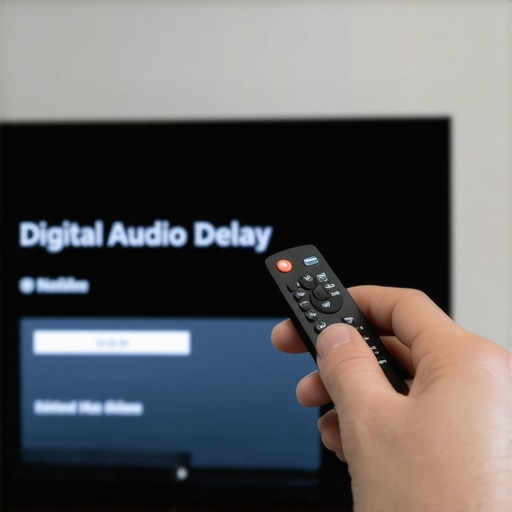 A TV screen showing the audio sync and lip sync adjustment menu with a remote control in focus.