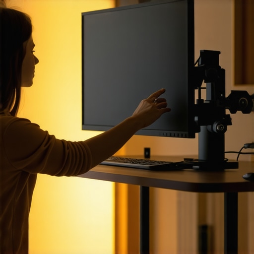 Adjusting monitor tilt for better ergonomics A close-up of a person adjusting a computer monitor on a gas-spring arm to improve viewing angles and reduce glare.