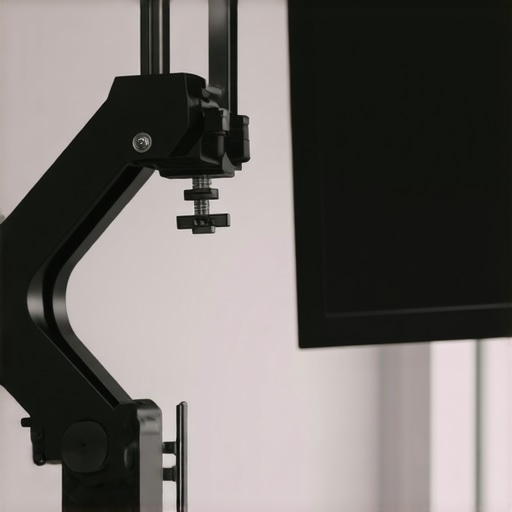 A close-up of a silver monitor arm being tuned for stability with an Allen key.