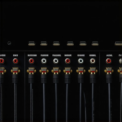 Close-up of home theater receiver and HDMI connections to explain audio-video sync