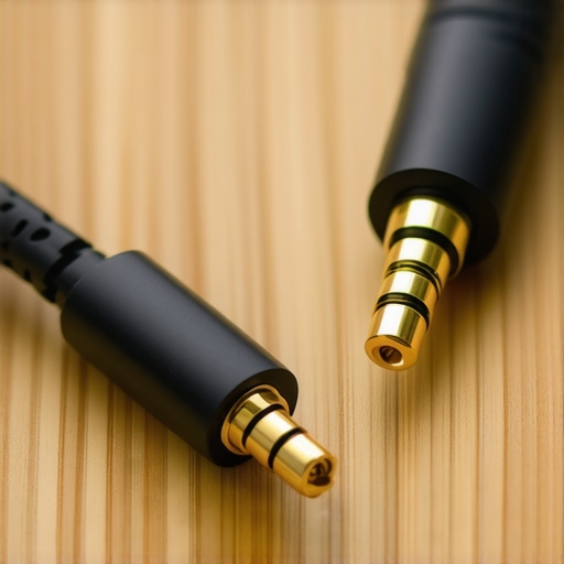 Analog vs Digital Audio Connections A comparison of a 3.5mm analog audio jack and a digital optical cable on a desk.