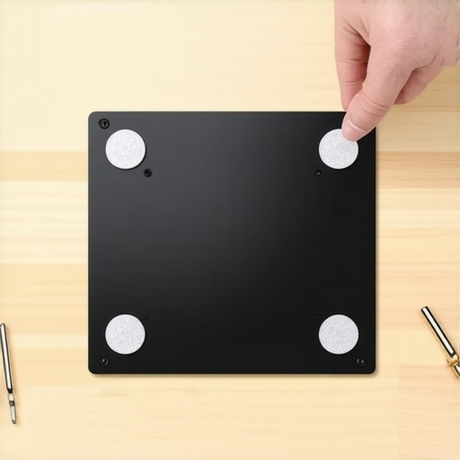 Applying dampening pads to a monitor mount Close up of adhesive felt pads being applied to a monitor stand to stop vibrations.
