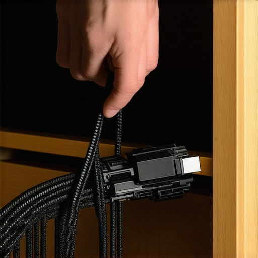 A person using velcro straps to organize home cinema cables behind a TV stand.
