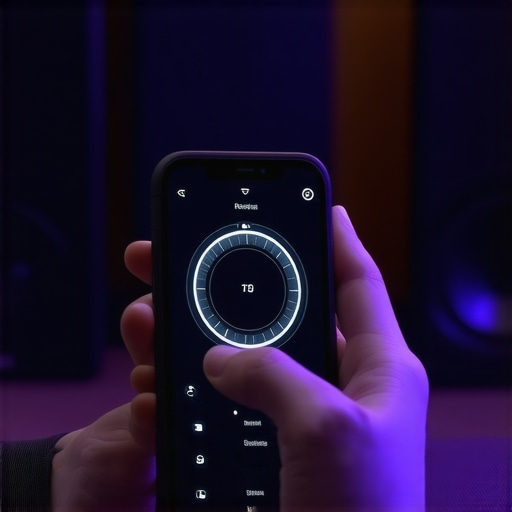 Calibrating Home Cinema Audio with SPL Meter A person using a smartphone app to measure decibel levels for home theater speaker calibration.