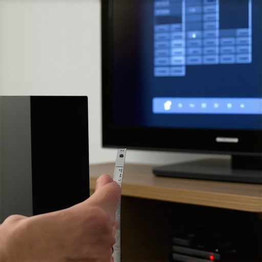 A close-up of a person using a tape measure to position a home cinema speaker for better sound accuracy.