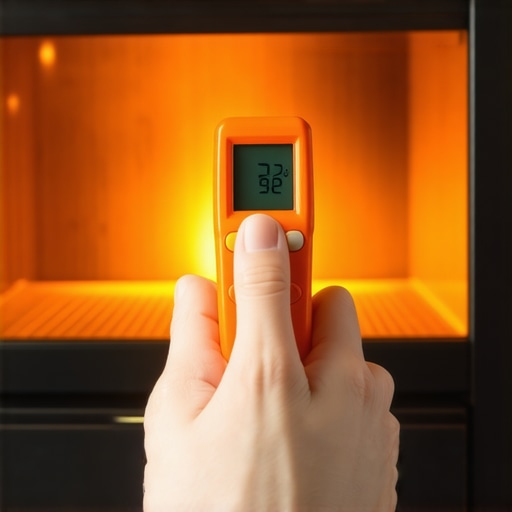 Checking Projector Heat with Infrared Thermometer Infrared thermometer checking the temperature of a projector exhaust vent in a cabinet