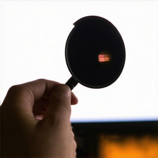 Person using a mirror to inspect a projector lens for maintenance.