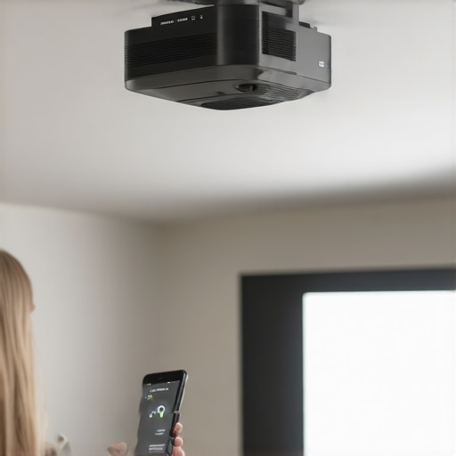 Checking Wi-Fi signal strength at the projector location A person using a smartphone app to measure Wi-Fi signal strength next to a projector.