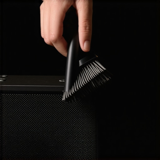 Cleaning a Speaker Grille with a Vacuum Brush Close-up of cleaning speaker fabric with a soft vacuum attachment