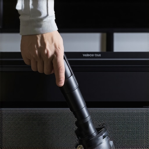 Person cleaning dust from a soundbar mounted on top of a TV with a vacuum brush