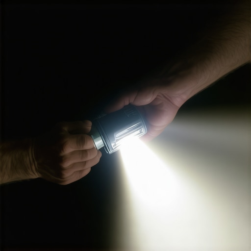 A close-up of manual cleaning of a projector lens with an air blower.