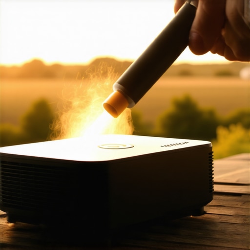 Close-up of cleaning dust off a portable projector lens using a professional air blower tool outdoors