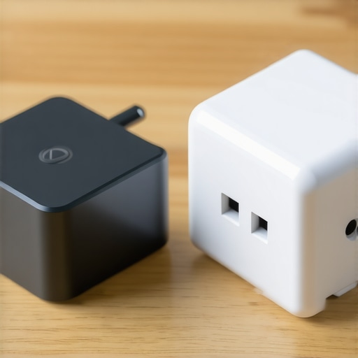 A small GaN power supply compared to a large traditional monitor power brick showing size reduction.