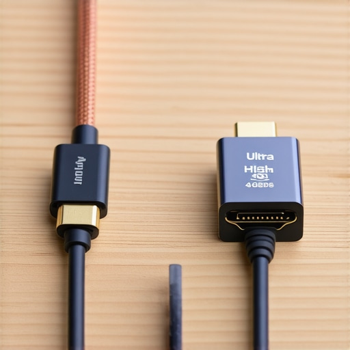 Comparison of high-bandwidth fiber optic vs standard copper HDMI cables Close up of Ultra High Speed HDMI cable highlighting 48Gbps bandwidth rating for 4K video.