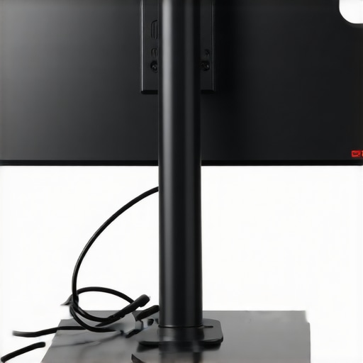 Close-up of monitor arm cable management with a service loop for safety.