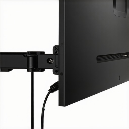 A person managing cables on a monitor arm with slack.