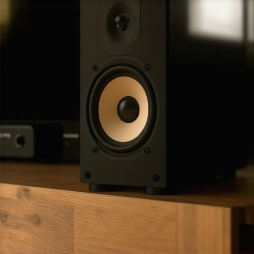 Correct center channel speaker placement in a cabinet A center channel speaker pulled forward to the edge of a media console shelf to improve acoustics.