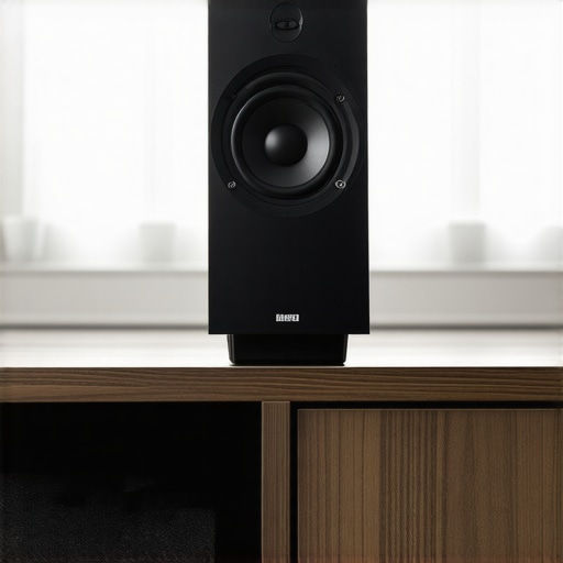 Correct center channel speaker placement on a console edge A center channel speaker tilted upwards on the edge of a shelf to improve dialogue clarity.