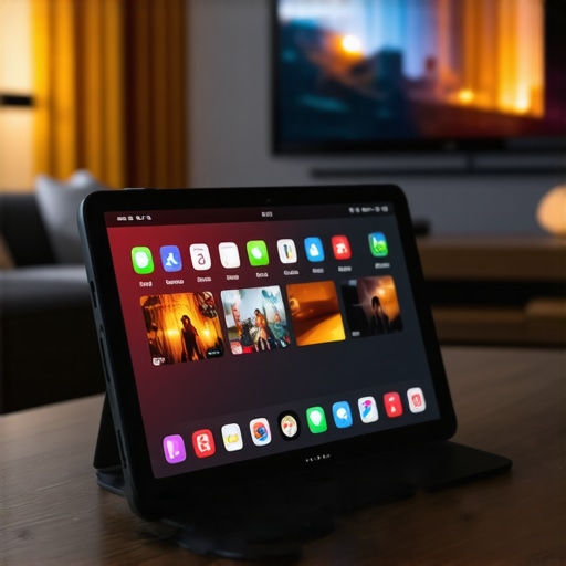 A tablet showing a smart home remote interface on a side table