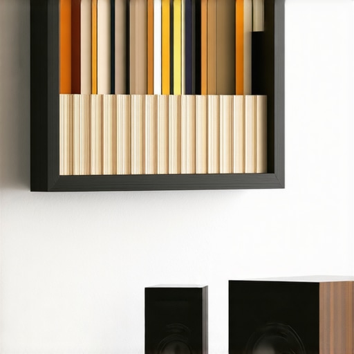 A wooden frame filled with books at varying depths to act as an acoustic diffuser on a home theater wall.
