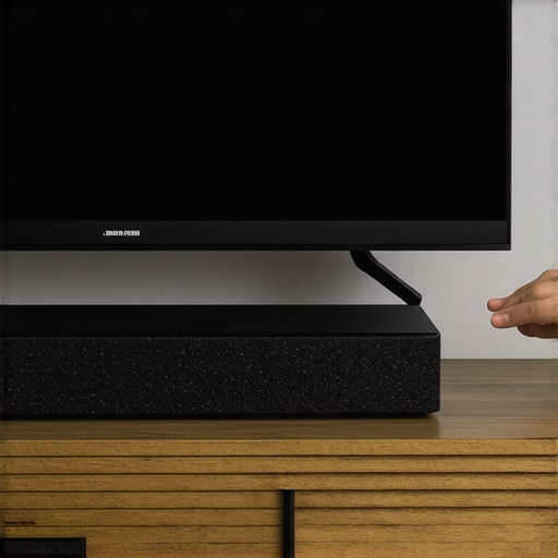 Close up of foam pads being used to isolate a soundbar from a wooden stand