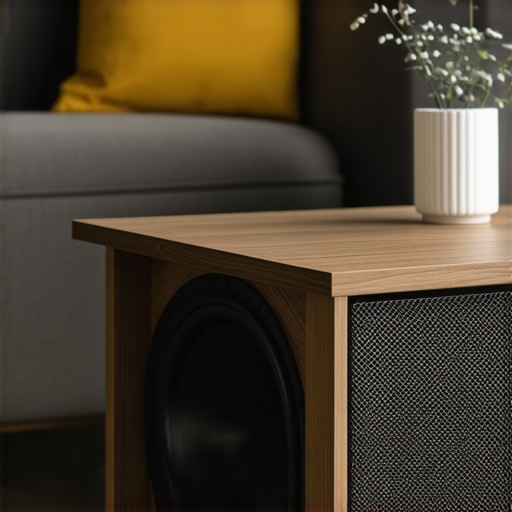 A wooden coffee table modified to hide a home theater subwoofer using acoustic fabric.