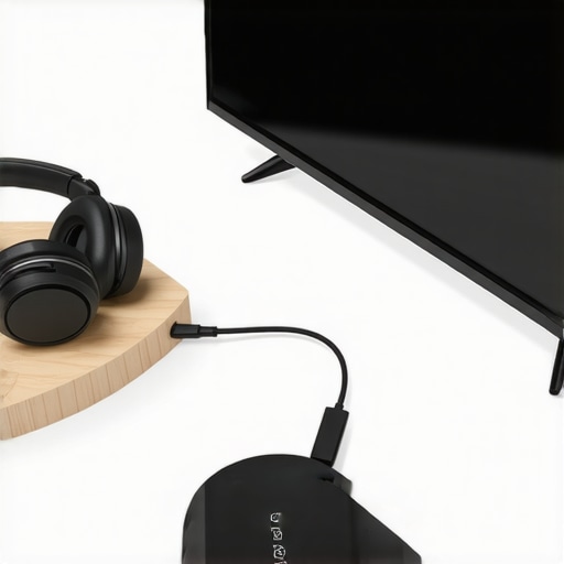 Close-up of a Bluetooth transmitter plugged into a TV optical port for two-headphone connectivity.