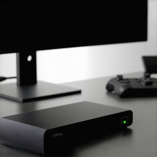 Dedicated External Streaming Box and Clean Setup An external streaming device set up next to a modern gaming monitor on a clean desk.