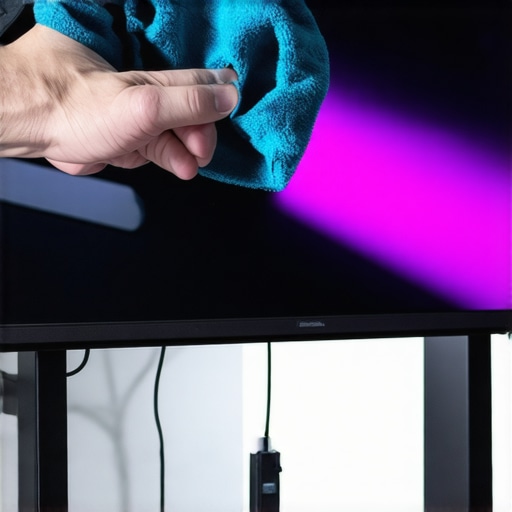 Display Maintenance and Power Protection Setup Cleaning a gaming monitor with a microfiber cloth near a surge-protected power strip.