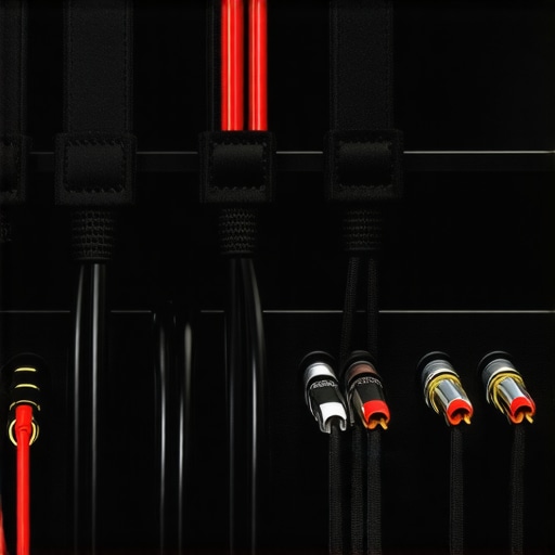 Effective cable management for home theater Close-up of velcro-managed cables behind a TV to prevent audio interference