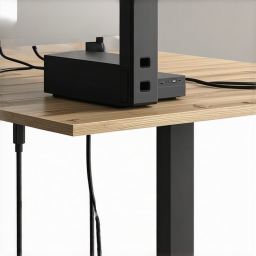 Elevating the Monitor Power Brick for Airflow An external monitor power adapter placed on a metal wire mesh shelf under a desk to prevent overheating