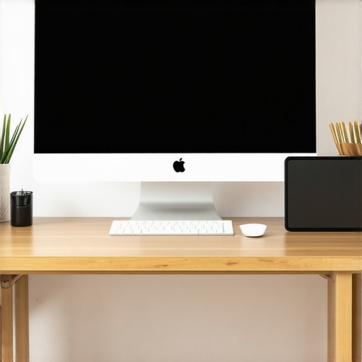 Ergonomic Monitor Setup with Custom Stand A properly positioned monitor on a wooden stand to prevent neck and eye strain.