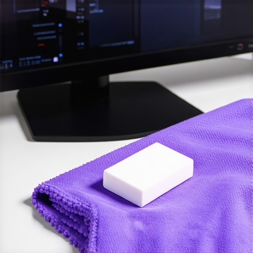 Essential Monitor Cleaning and Maintenance Tools Microfiber cloth and vinyl eraser on a monitor stand showing maintenance tools