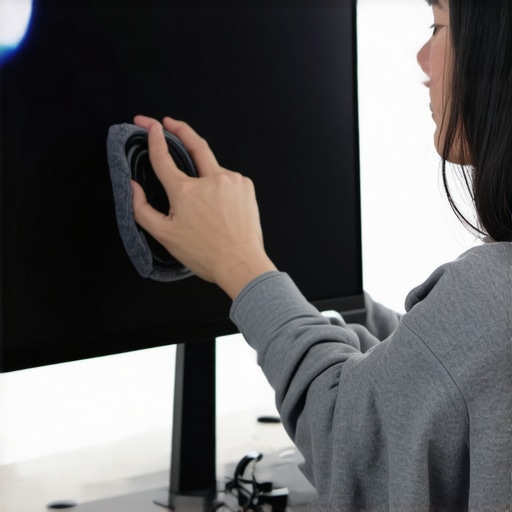 A person cleaning dust from a gaming monitor vents with a manual air blower