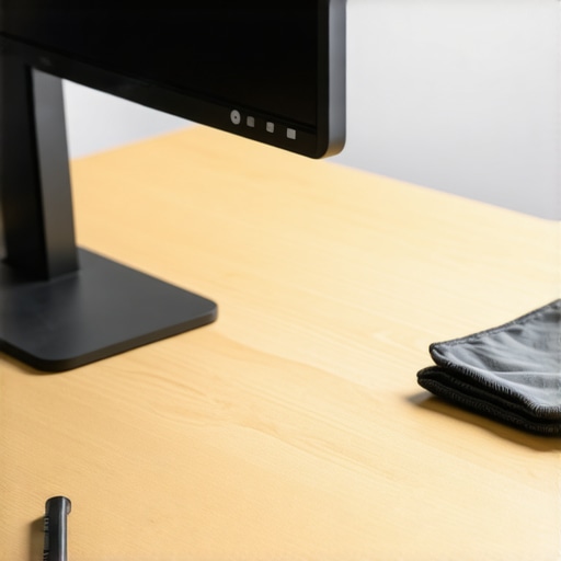 A monitor arm being adjusted with a hex key on a clean wooden desk setup.